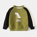 Detail of the crew neck collar and cartoon dinosaur print on the kids green sweatshirt - Green Multi-color / 90cm