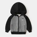 Detail of kids striped hooded jacket with zipper and cute cartoon puppy patch - Black White Stripe Patchwork / 90cm