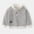 Detail of child striped sweatshirt showing half-zip mock neck and brand label - 90cm / White Striped