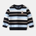 Détail d'un pull rayé pour enfant avec broderie ours et finitions en maille côtelée - Rayure Marine / 90cm