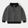 Close-up detail of children striped sweatshirt with premium brown leather zipper puller - 90cm / Black Stripe