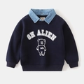 Detail of boys' navy blue sweatshirt with denim collar, bear print and white lettering - Navy Blue / 90cm