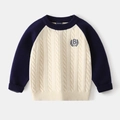Detail of cable knit pattern and B embroidery on boy's navy and beige sweater - 90cm / Apricot Patchwork