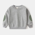 Detail of light grey kids sweatshirt featuring contrast dark green oval elbow patches - 90cm / Gray