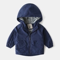 Front view of a dark blue hooded windbreaker jacket for kids with zipper and pockets - Navy Blue / 90cm
