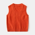Detailed cable-knit texture and ribbed V-neck on a bright orange kids' knit vest - 90cm / Orange