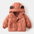 Dettaglio giubbotto imbottito bimbo con cappuccio a orecchie e polsini a coste - Rosa Intenso / 90cm