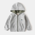 Detail of kids grey zip hoodie with olive green lining and cute animal embroidery - Gray / 90cm