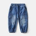Detail of boys denim cargo pants showing elastic waist and LOVEWAPPY embroidery - 90 / Denim Blue