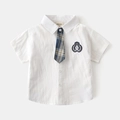 Dettaglio camicia bianca a maniche corte con ricamo stemma orso e cravatta a quadri - Bianco (Cravatta in Omaggio) / 90cm