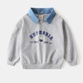 Detail of children's grey sweatshirt with faux-layered denim collar and bear graphic - 90cm / Gray