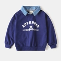 Macro detail of kids fake two-piece sweatshirt with denim collar and bear print - 90cm / Navy Blue