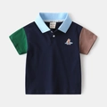 Close-up of the cotton Polo shirt neck with brand label and puppy embroidery detail - 90cm / Navy Blue