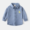 Detail of blue cotton toddler shirt with yellow dinosaur embroidery and classic collar - 90cm / Blue