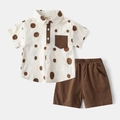 Detailed flat lay of boys beige polka dot shirt with brown shorts cotton summer set - Off-white Polka Dot Set / 90cm