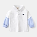 Detail of kids polo shirt with blue bear embroidery and striped patchwork sleeves - 100cm / White