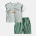 Detailoverzicht katoenen zomersets voor jongens met dinosaurusprint en elastische taille - 90cm / Set met groene Zirkonia
