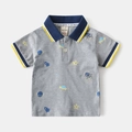 Close-up of kids polo shirt detailing space prints and striped ribbed collar - Gray / 90cm