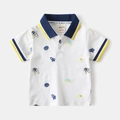 Close-up of boys' white polo shirt with navy contrast collar and space theme astronaut prints - White / 90cm