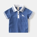 Detail of blue boys' polo shirt with white collar and animal embroidery on the chest - 90cm / Denim Blue