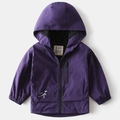 Close-up of children's purple hooded windbreaker with white dinosaur skeleton print - Purple / 90cm