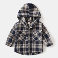 Dettaglio camicia a quadri con cappuccio mostra etichetta e tessuto morbido - Quadri Blu Notte / 90cm