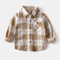 Close-up of yellow plaid cotton shirt collar showing buttoned chest pocket and soft texture - Yellow Plaid / 90cm
