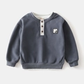 Detail of grey-blue children's sweatshirt with white ribbed V-neck and button closure - Dark Gray / 90cm