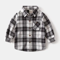 Close-up of boys plaid shirt with flannel texture, classic buttons and chest pocket - Black and White Plaid / 90cm
