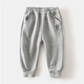 Close-up of gray kids sports pants with cute puppy embroidery and elastic waistband - Light Gray / 90cm