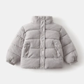 Detail view of children's corduroy padded jacket featuring stand collar and metal snap buttons - 90 / Light Gray
