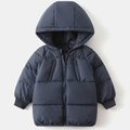 Detail of kids winter puffer jacket featuring quilted padding, zipper pockets and ribbed cuffs - 90 / Navy Blue