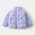 Detail of lavender corduroy texture and silver buttons on toddler winter puffer jacket - 90 / Light Purple