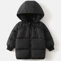 Detail of kids black hooded puffer jacket showing ribbed cuffs and zipper pockets - 90 / Black