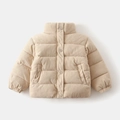 Detailed view of beige corduroy kids jacket with stand collar and metal button snaps - 90 / Khaki