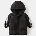 Detail showing windproof hood and black fabric on children's winter parka coat - Black / 120cm