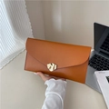 Minimalist brown envelope clutch with gold buckle and smooth synthetic leather finish - Brown