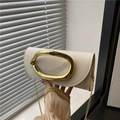 Elegant cream white evening clutch bag featuring a modern gold ring metal buckle and chain - White