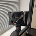 Glossy black leather tote bag with gold chain straps and a cute deer charm pendant - Black