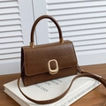 Borsa a mano marrone testurizzata a coccodrillo con fibbia dorata e manico su libri bianchi - Marrone