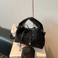 Retro leopard print handbag with velvet texture and drawstring closure in black finish - With Pendant / Black