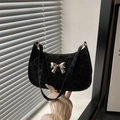 Chic black leopard print underarm bag with velvet texture and silver butterfly buckle - Black