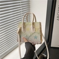 Trendy plaid denim crossbody bag with macaron stars gradient and fringe trim detail - White