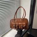 Borsa bowling retrò in pelle marrone con doppie tasche frontali e doppi manici da ufficio - Marrone