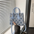 Blue and white checkerboard denim crossbody bag with raw edges and golden buckle - Blue Plaid