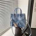 Blue denim crossbody bag with star pattern and frayed edges for women - Blue Pentagram