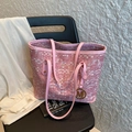 Roze en wit geweven draagtas met een gouden M-hanger en dunne lederen handvatten - Roze