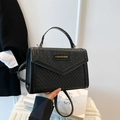 Black woven leather crossbody box bag with chic top handle and V-shaped flap cover - Black
