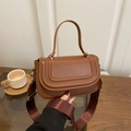 Brown semi-circle saddle bag with quilted flap and adjustable wide fabric strap - Brown