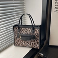 Fashionable leopard print tote bag with black handles and front zipper pocket - Khaki